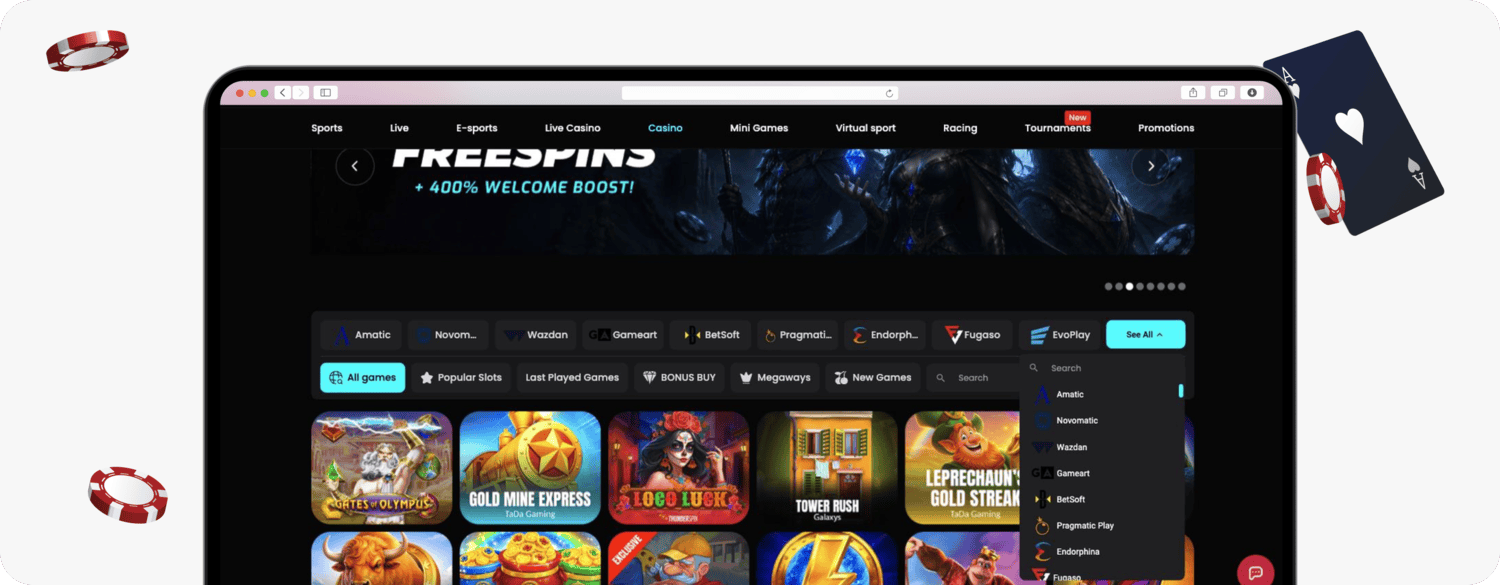 screenshot of cosmobet game providers