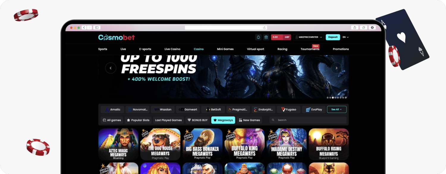 screenshot of cosmobet megaways slots