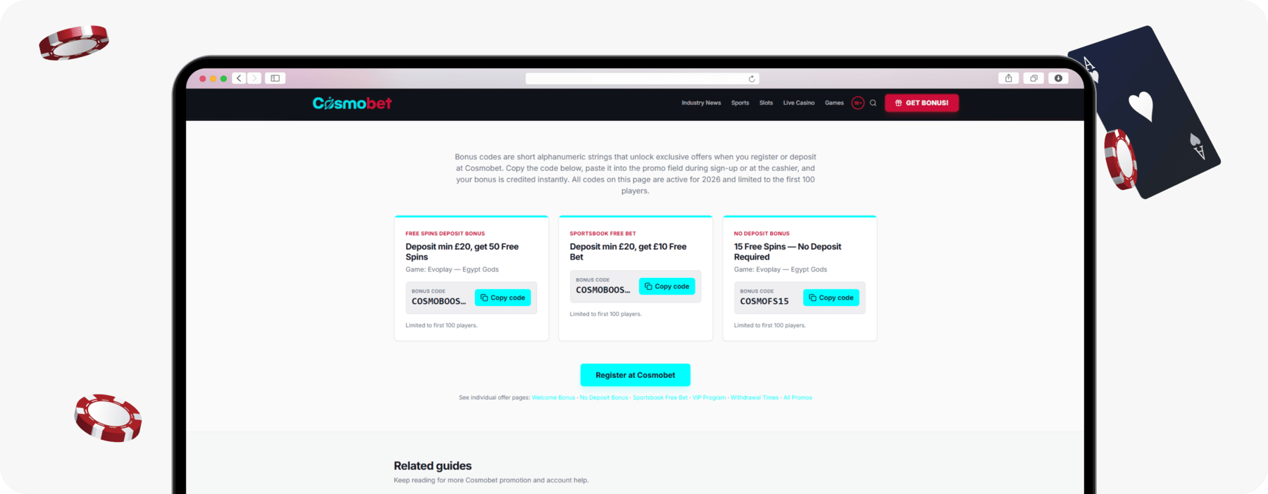 screenshot of cosmobet bonus codes page including no deposit bonus