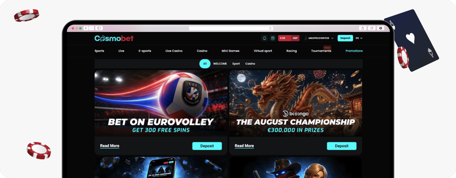 screenshot of cosmobet promotions page