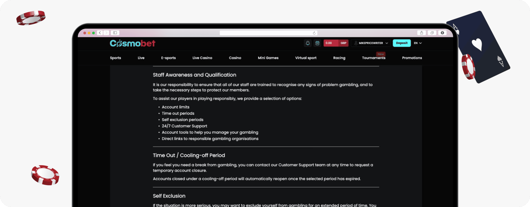 screenshot of cosmobet responsible gambling page
