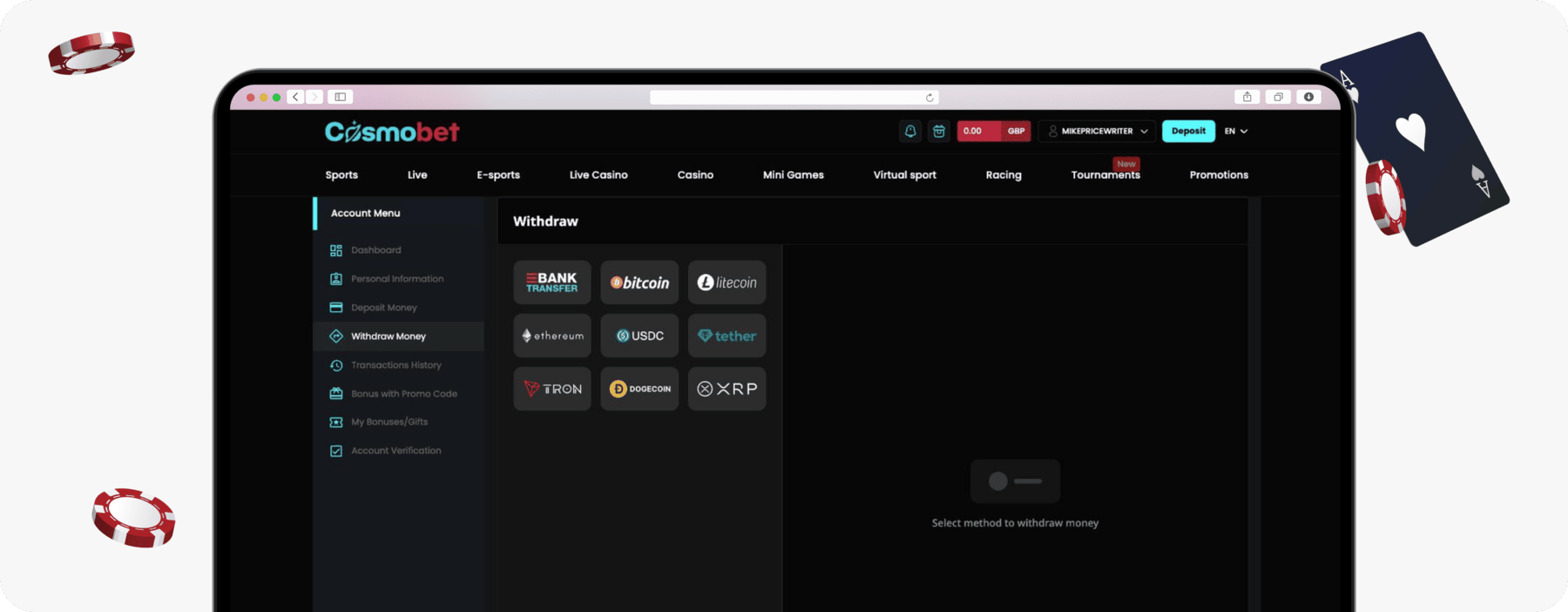 screenshot of cosmobet withdrawal payment methods