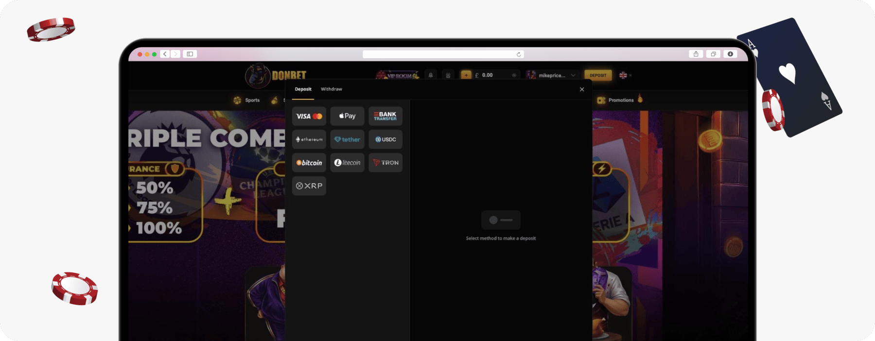 screenshot of donbet deposit methods