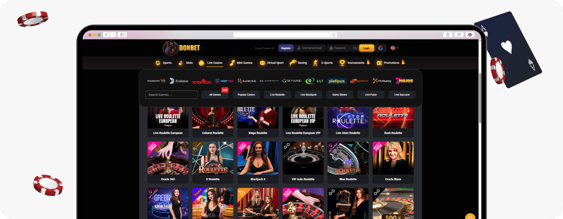 screenshot of donbet live casino lobby