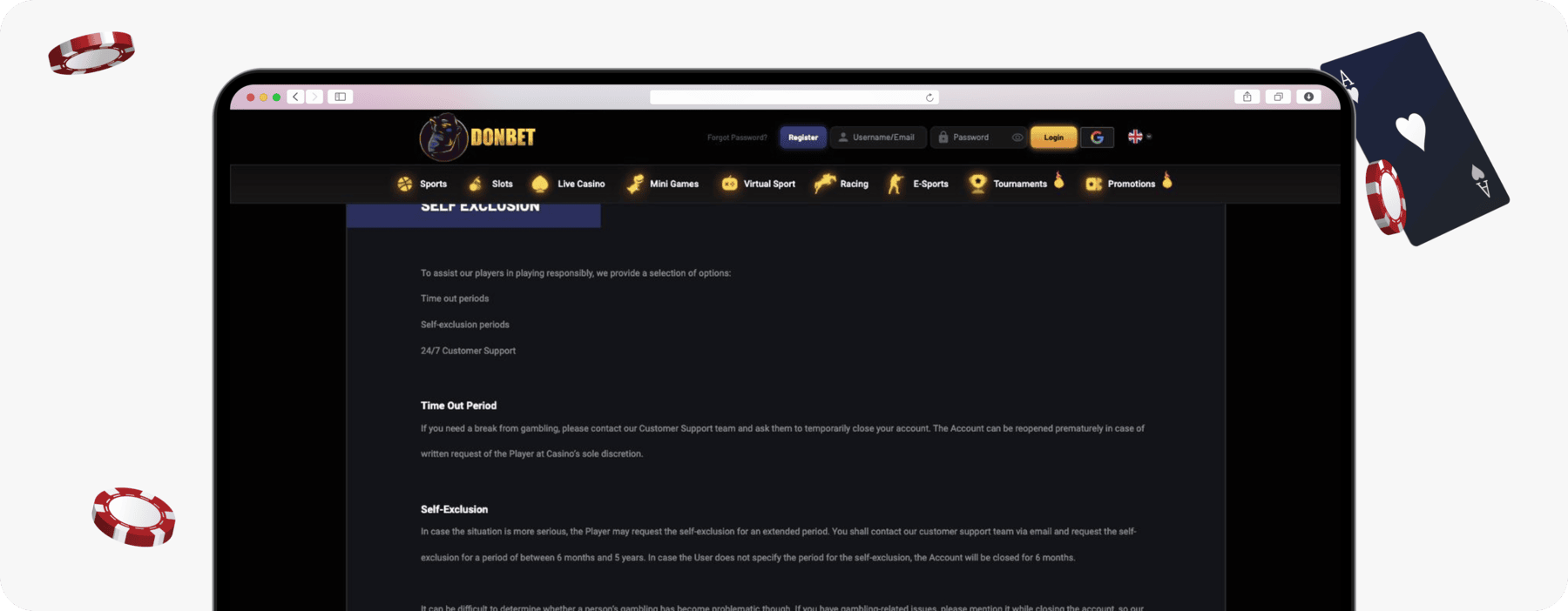 screenshot of donbet self-exclusion details