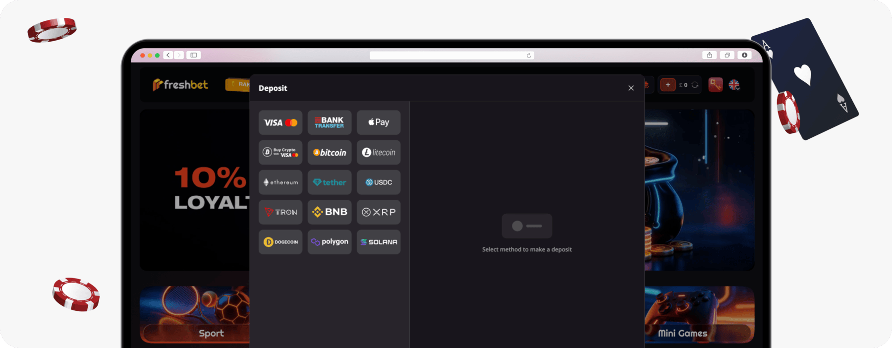 screenshot of freshbet deposit methods