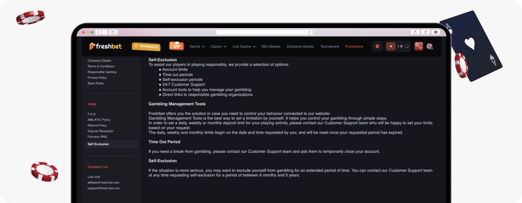 screenshot of freshbet gambling management tools details