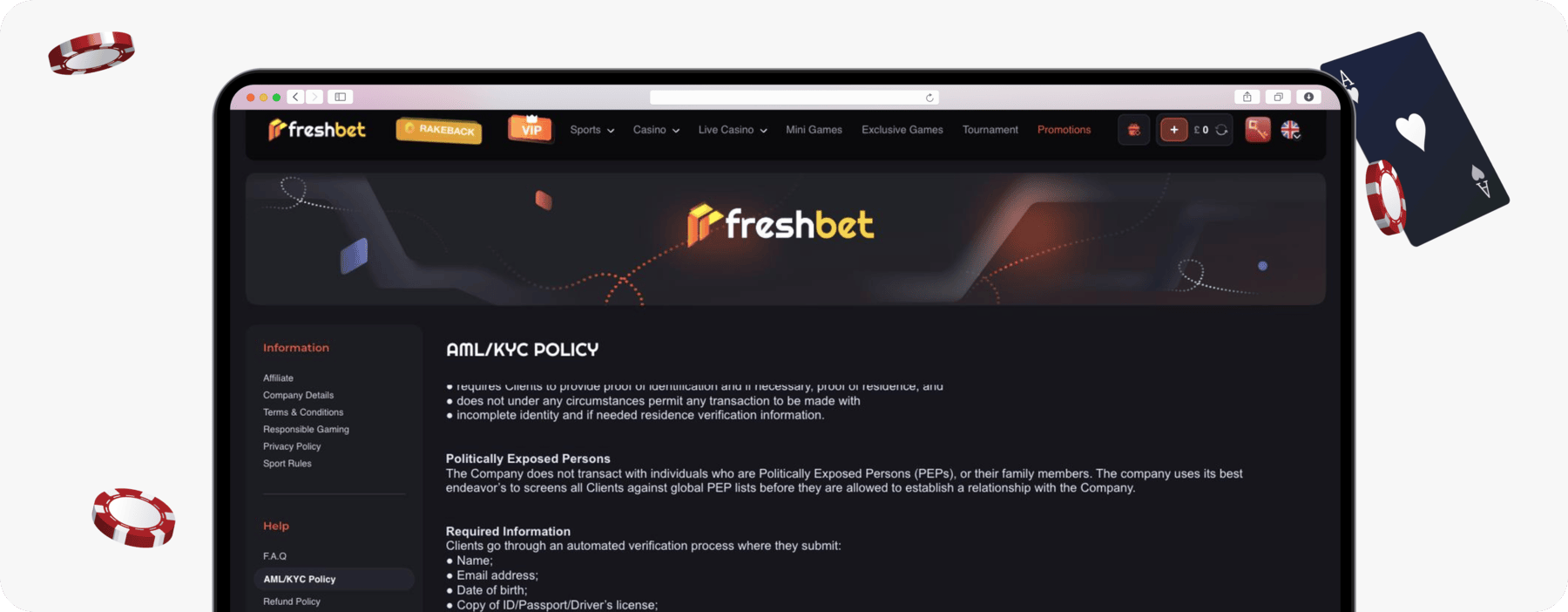 screenshot of freshbet kyc policy
