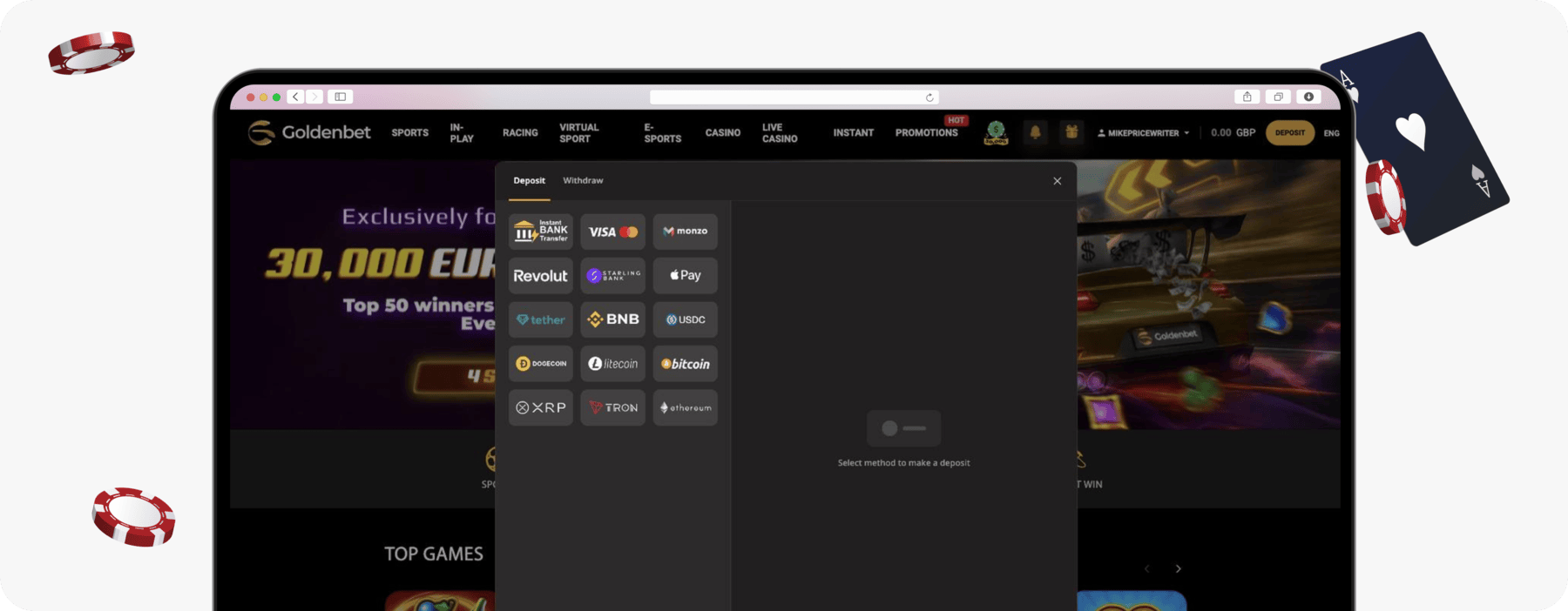 screenshot of goldenbet deposit methods