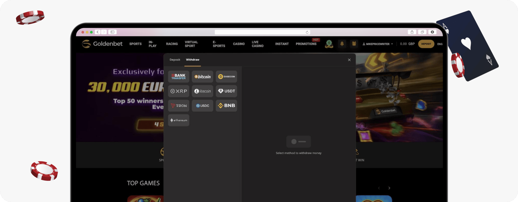 screenshot of goldenbet withdrawal methods