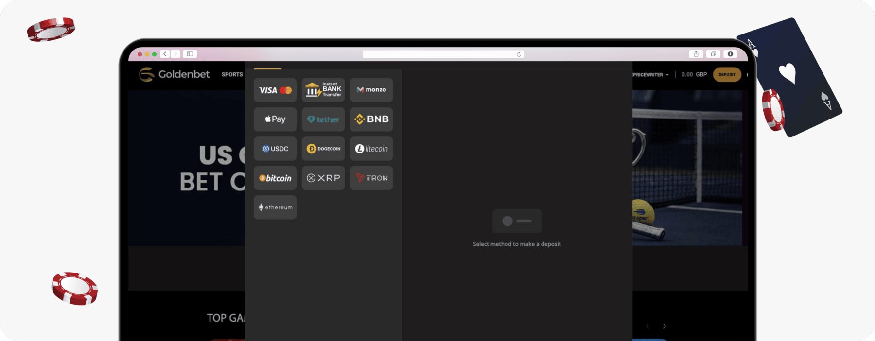 screenshot of goldenbet deposit methods