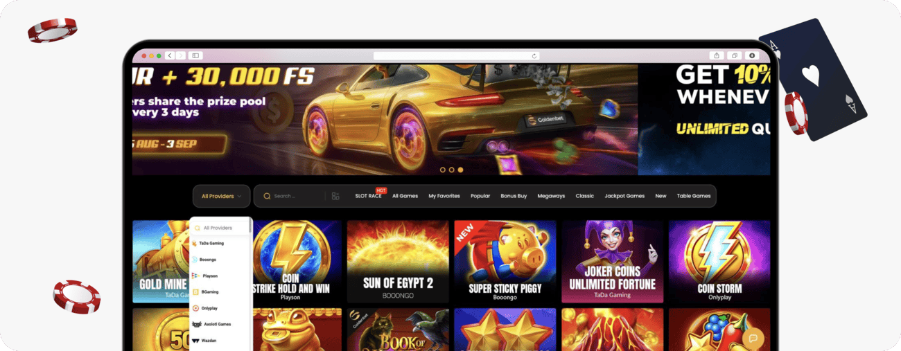 screenshot of goldenbet game providers