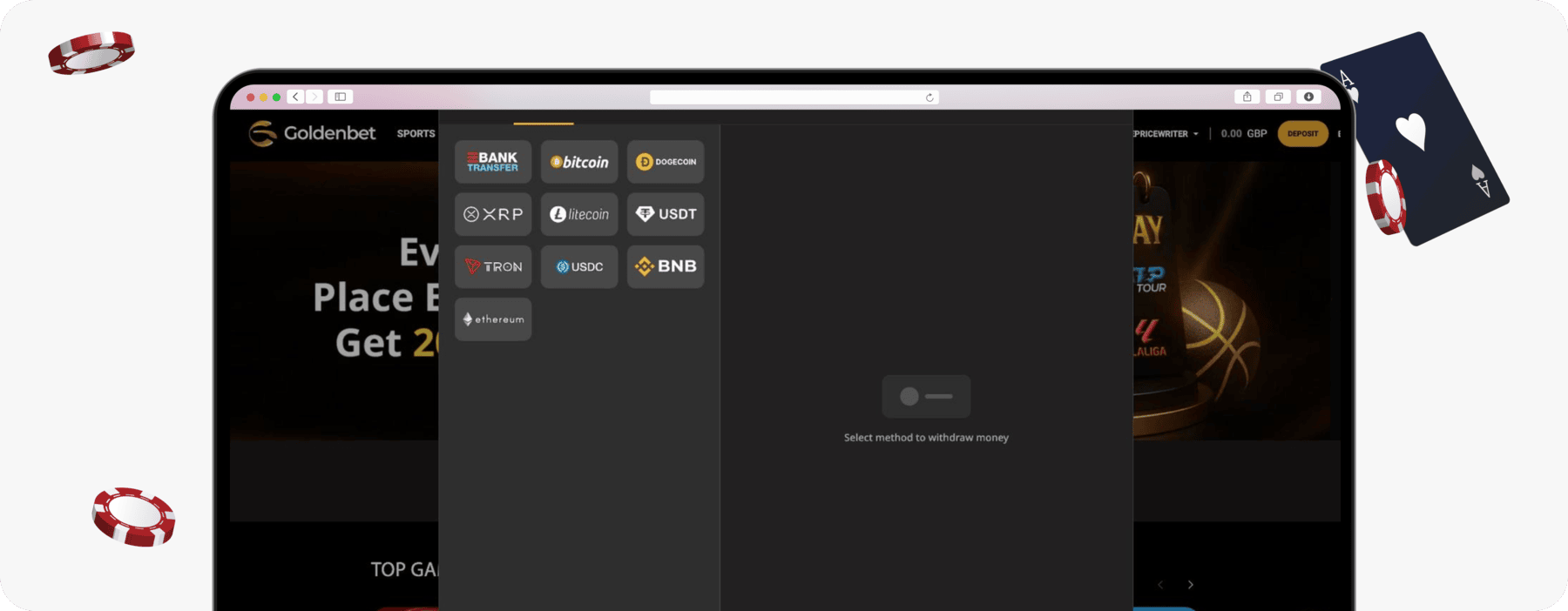 screenshot of goldenbet withdrawal methods