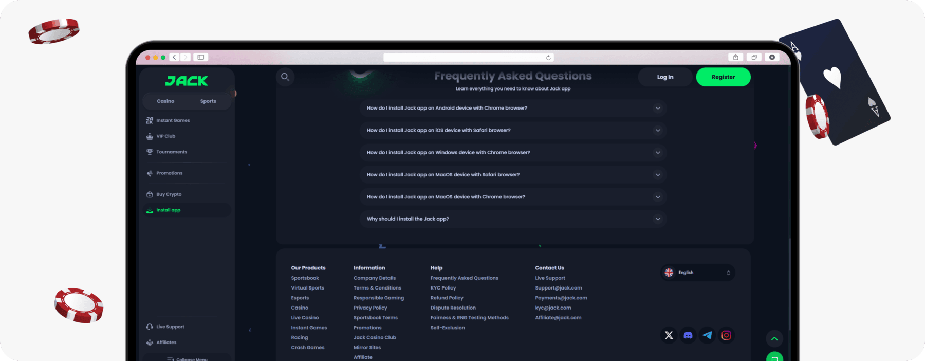 screenshot of jack casino app faqs