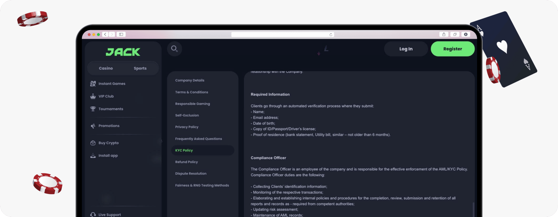 screenshot of jack casino kyc required info