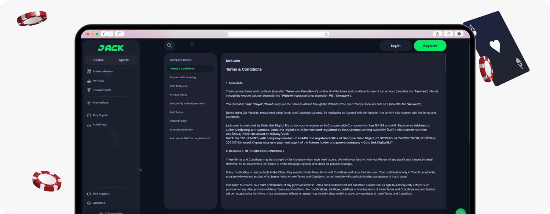 screenshot of jack casino terms and conditions