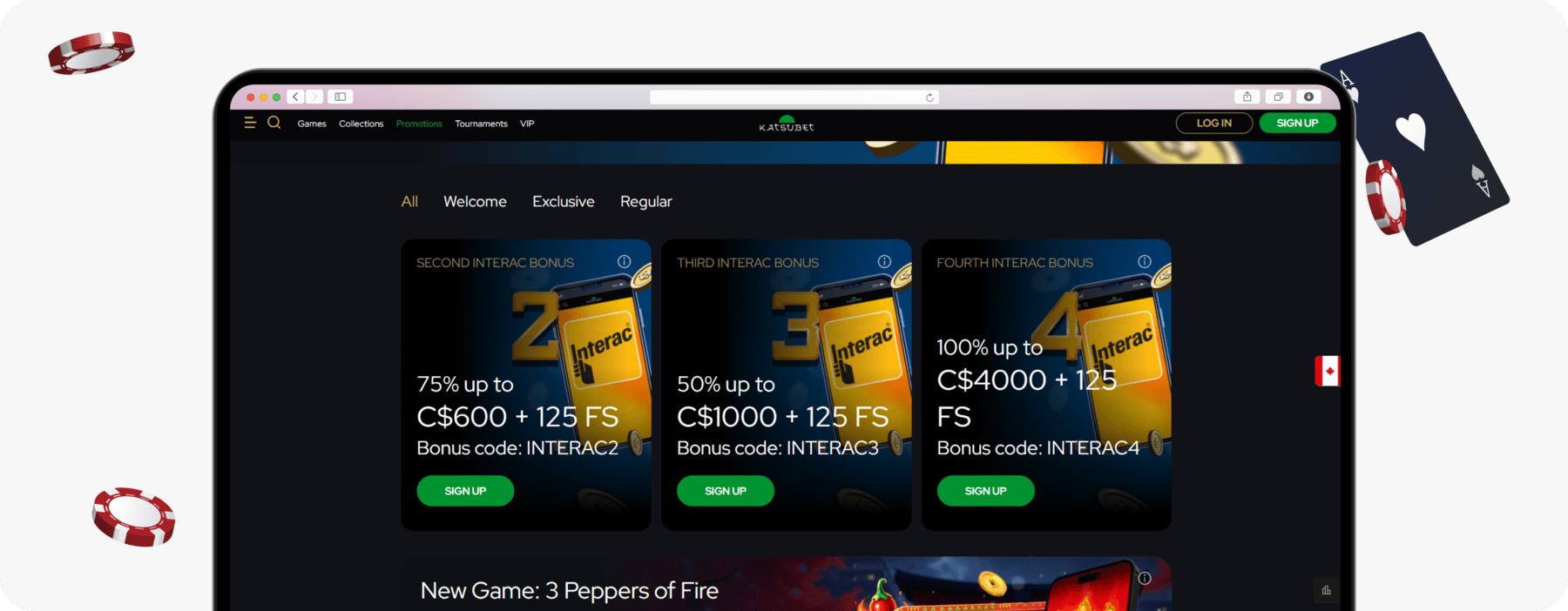 screenshot of katsubet canada interac bonus codes