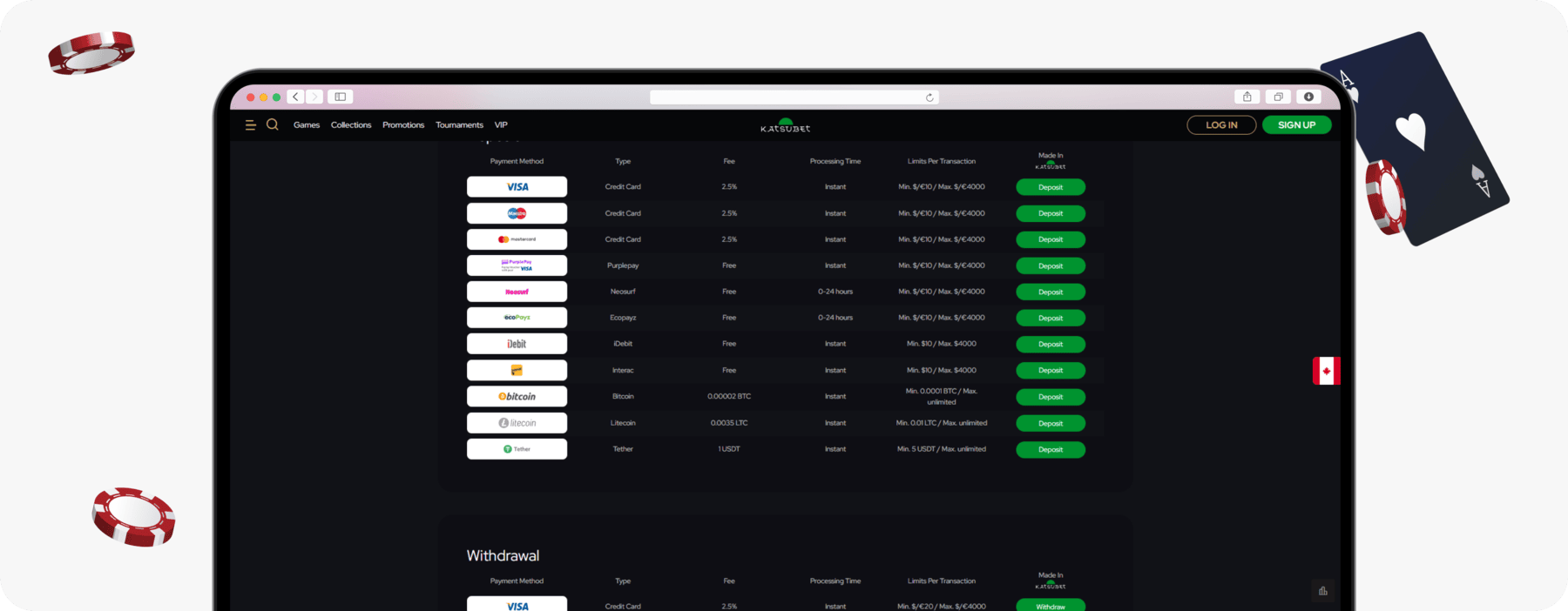 screenshot of katsubet deposit methods