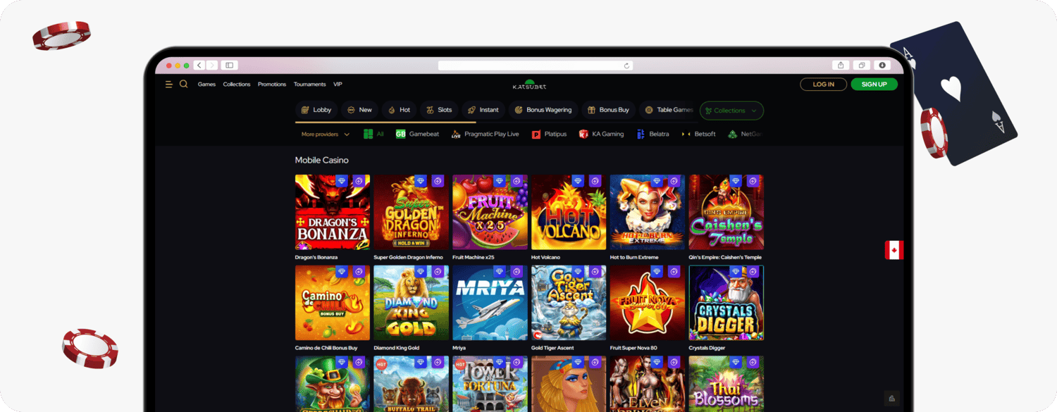 screenshot of katsubet mobile casino page