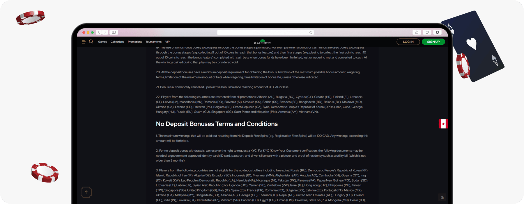 screenshot of katsubet no deposit bonus terms