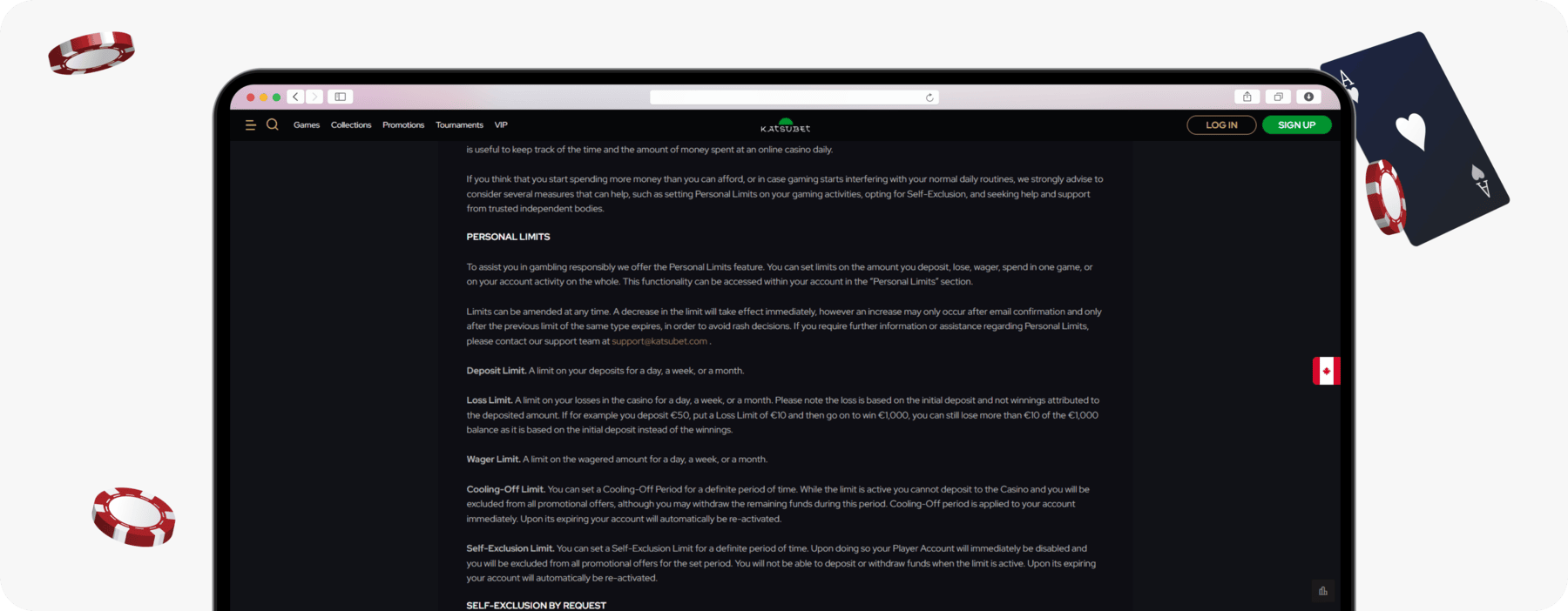 screenshot of katsubet personal limits information