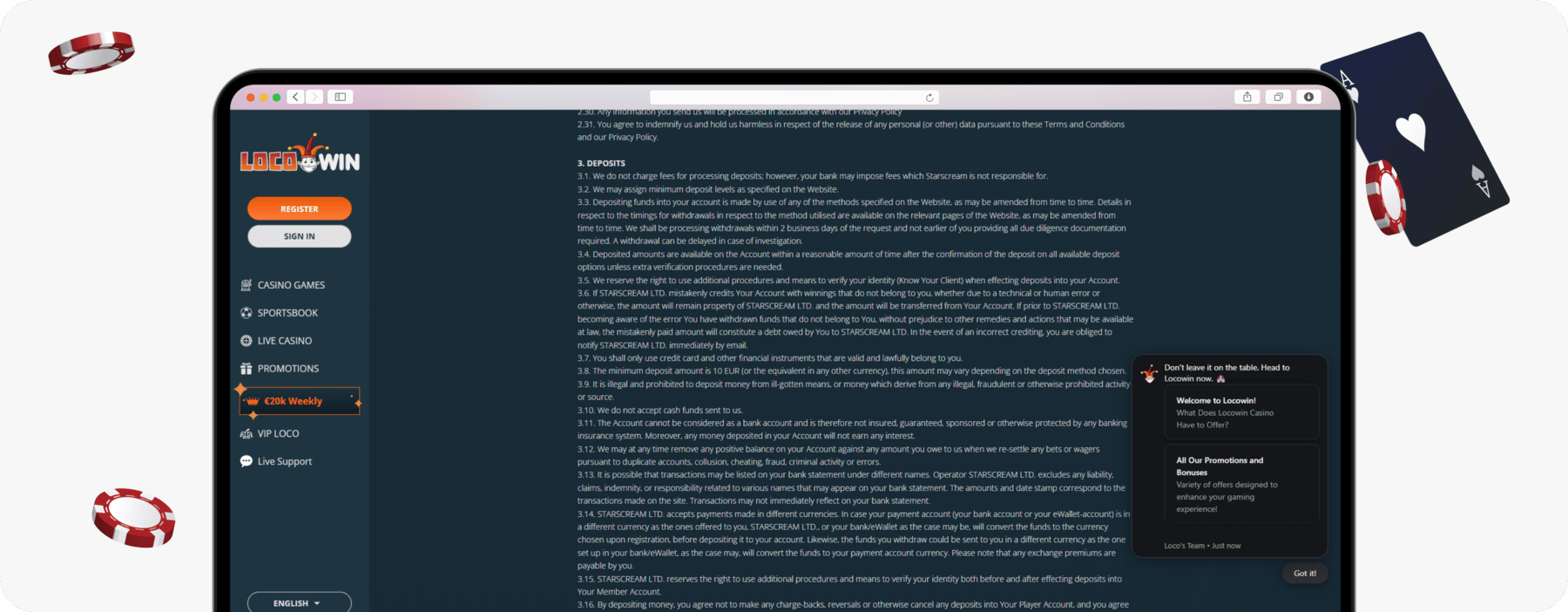 screenshot of locowin deposit terms