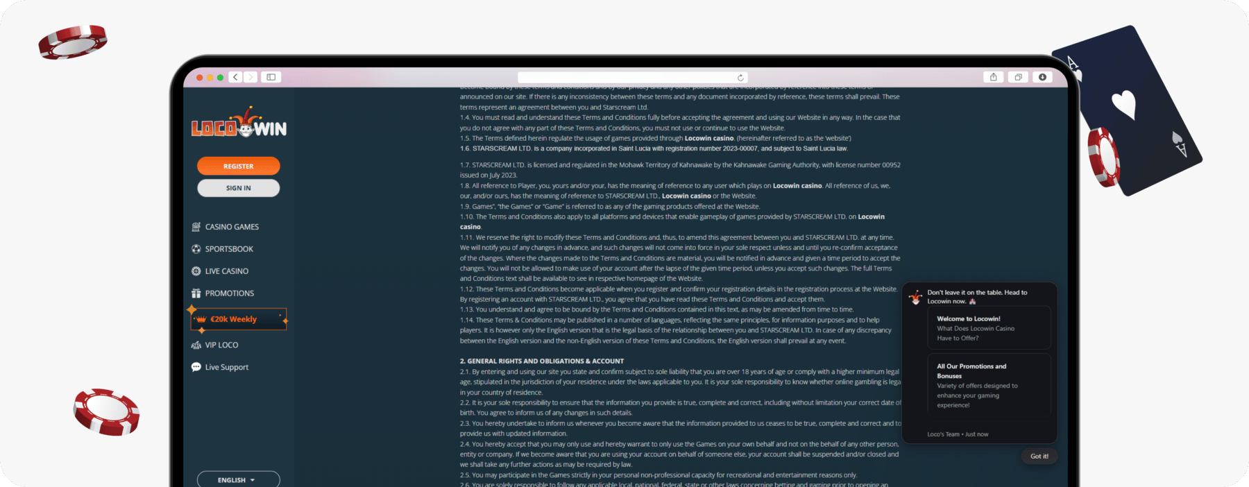screenshot of locowin terms including licence information