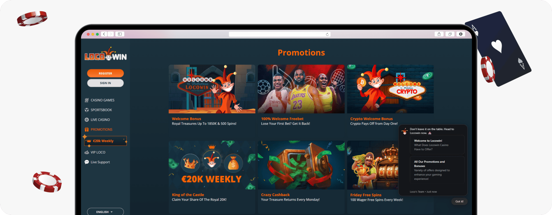 screenshot of locowin promotions page