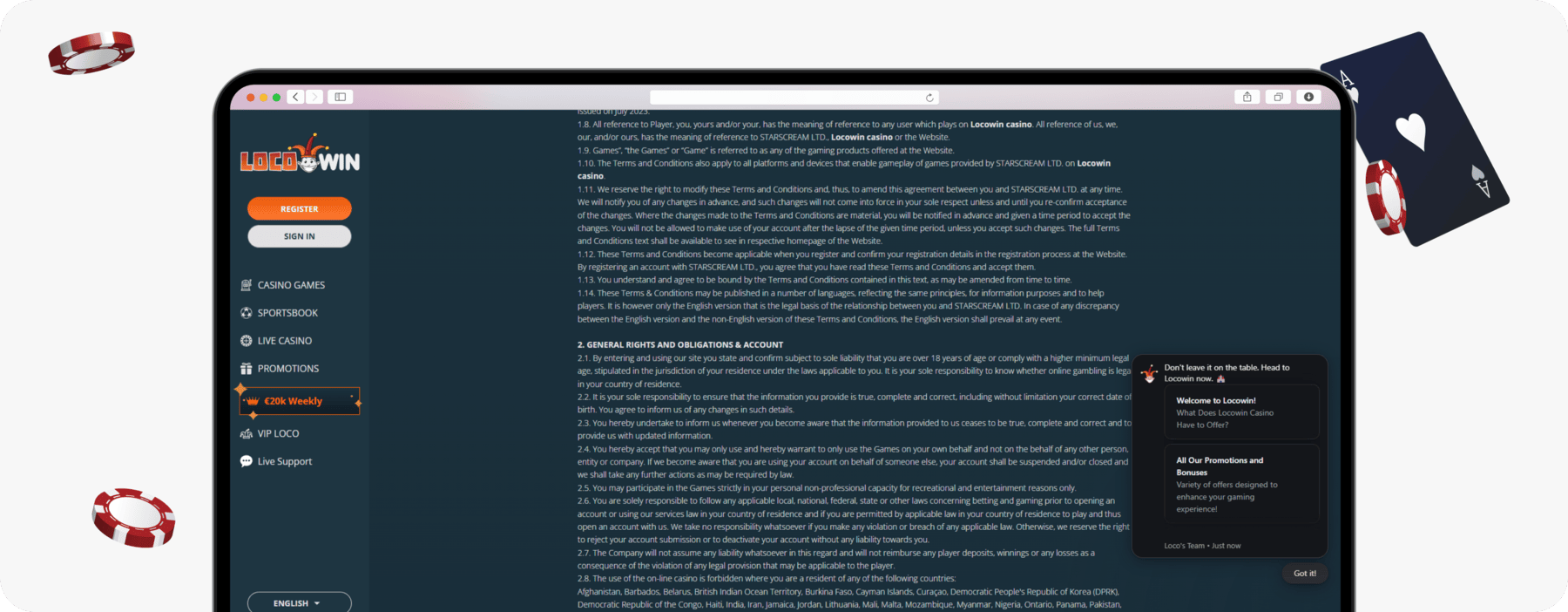 screenshot of locowin terms including their age restrictions