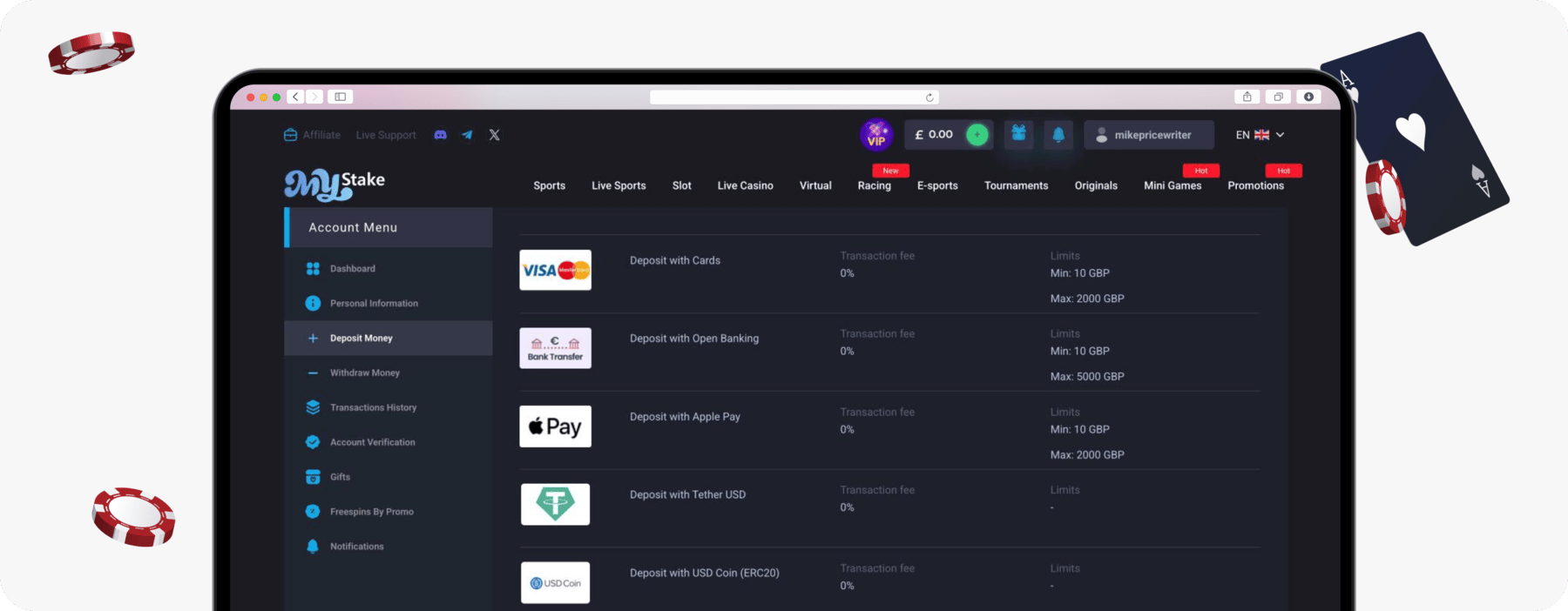 screenshot of mystake deposit methods
