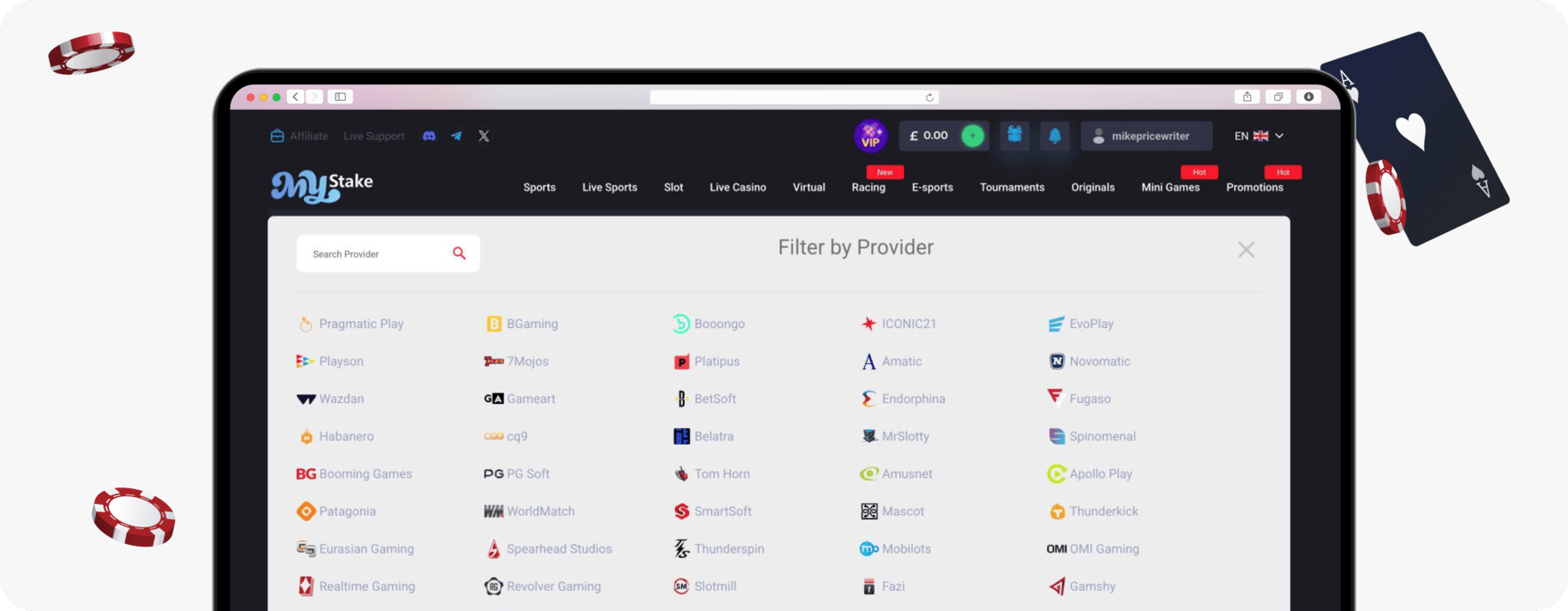 screenshot of mystake casino lobby game providers