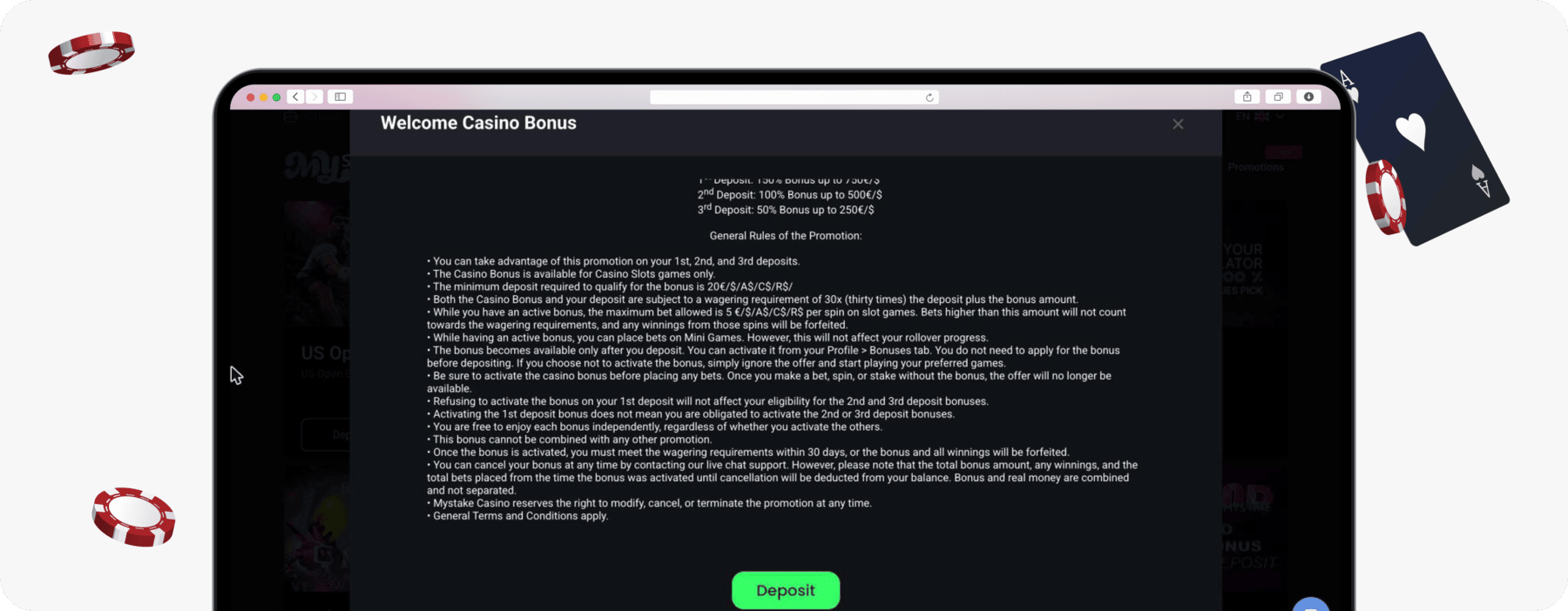 screenshot of mystake casino welcome bonus terms