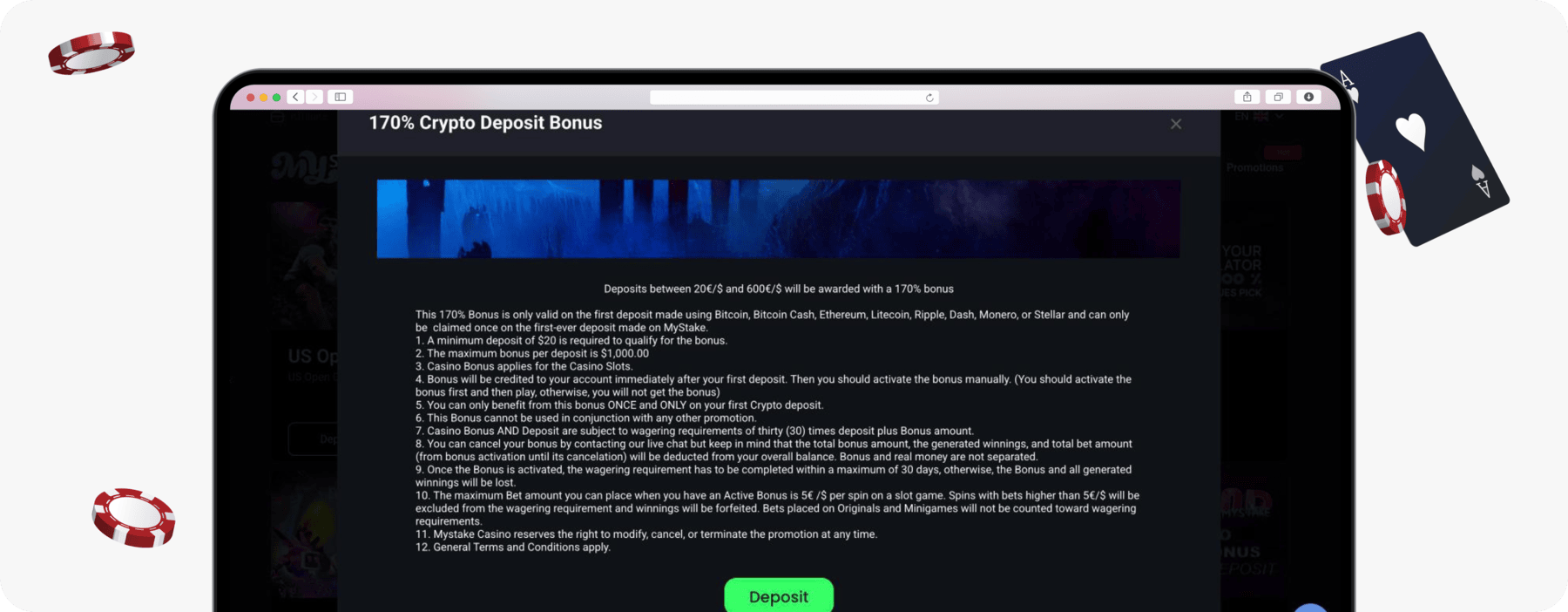 screenshot of mystake crypto deposit bonus terms
