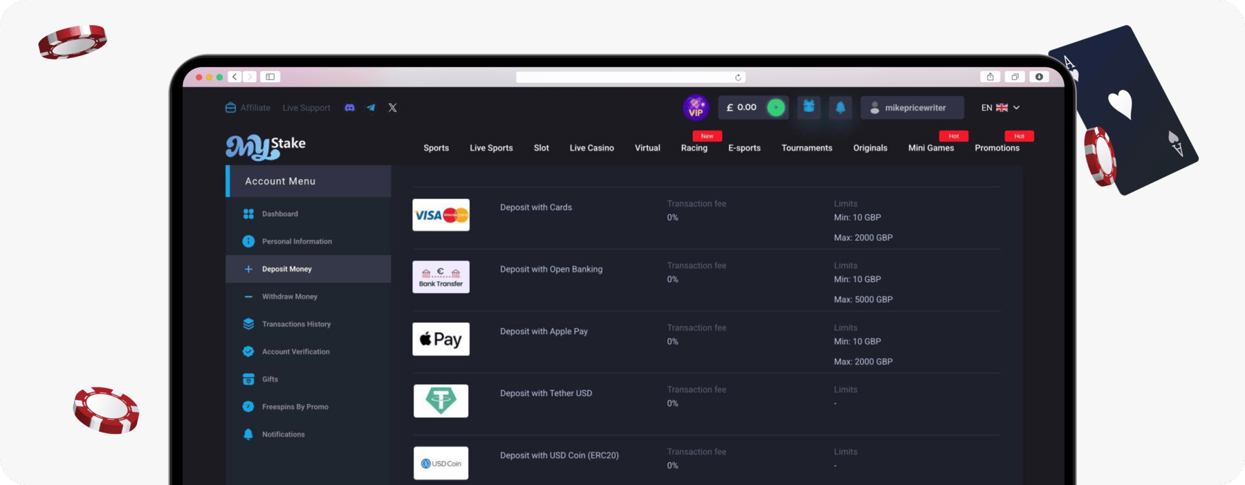 screenshot of mystake deposit methods
