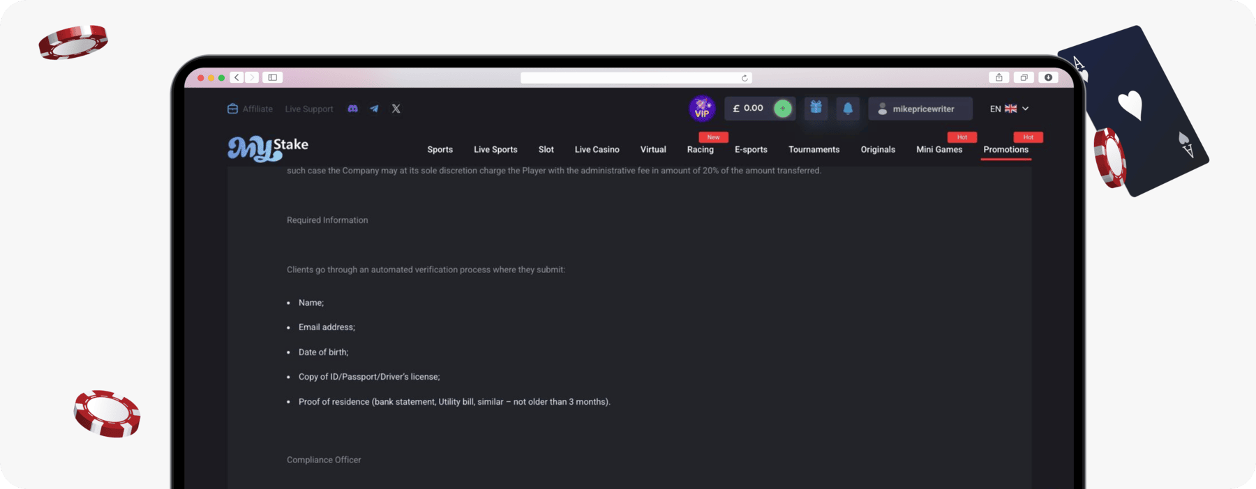 screenshot of mystake kyc required info