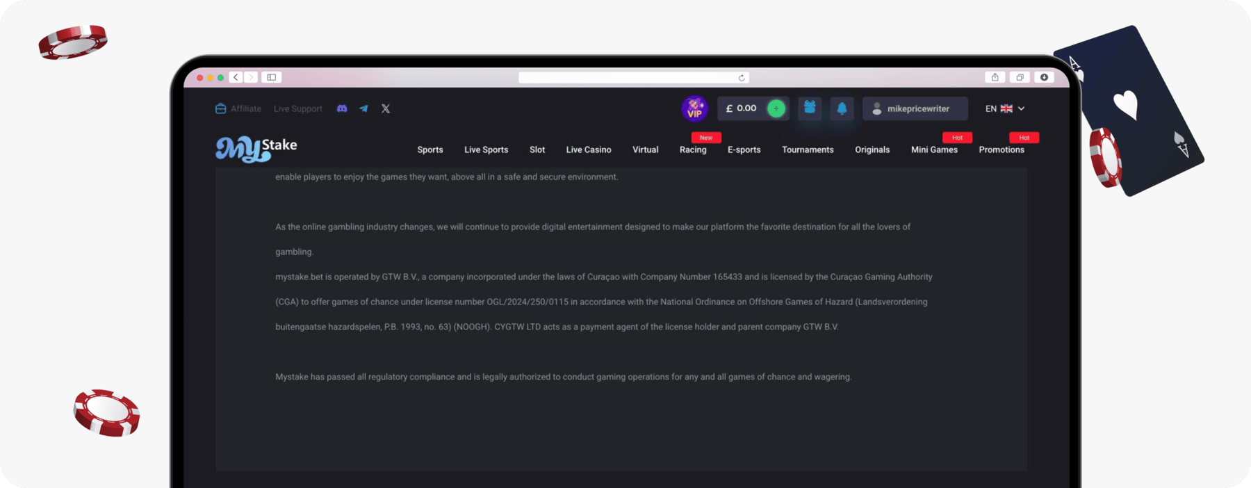 screenshot of mystake licence details