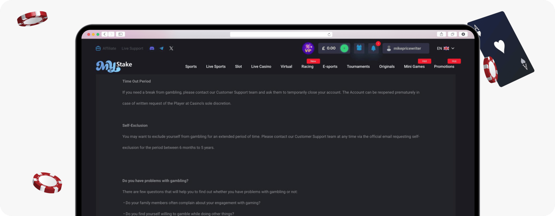 screenshot of mystake self-exclusion details