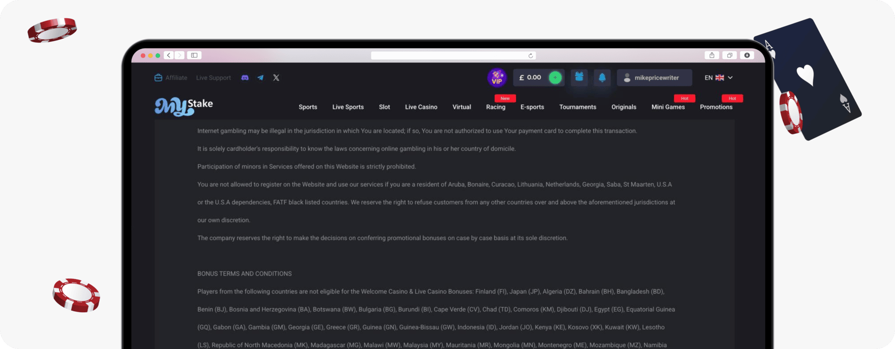 screenshot of mystake terms on restricted countries