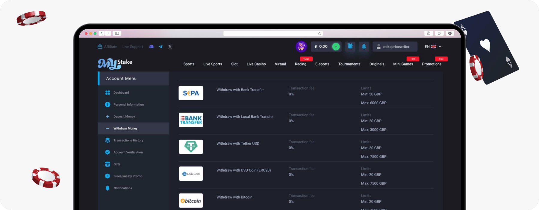 screenshot of mystake withdrawal methods