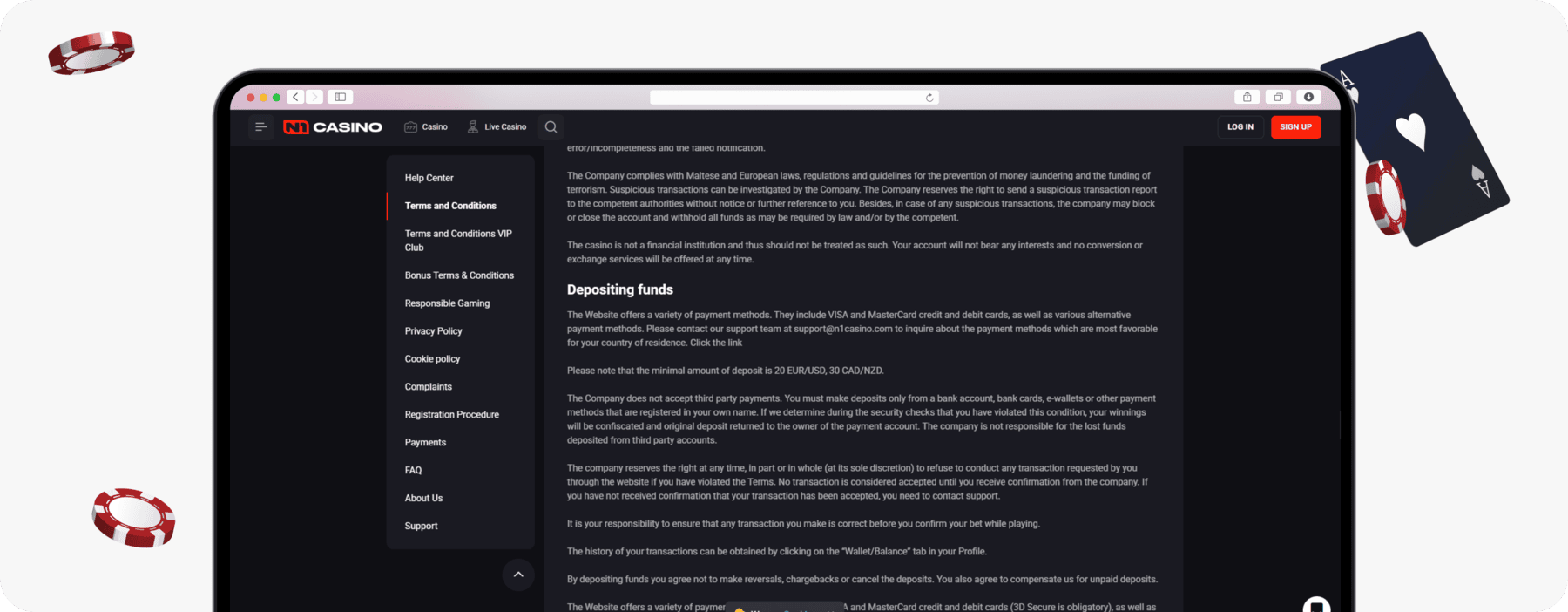 screenshot of n1 casino deposit terms