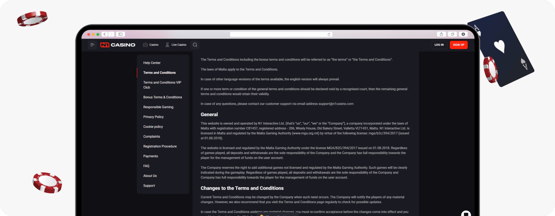 screenshot of n1 casino terms including licence information