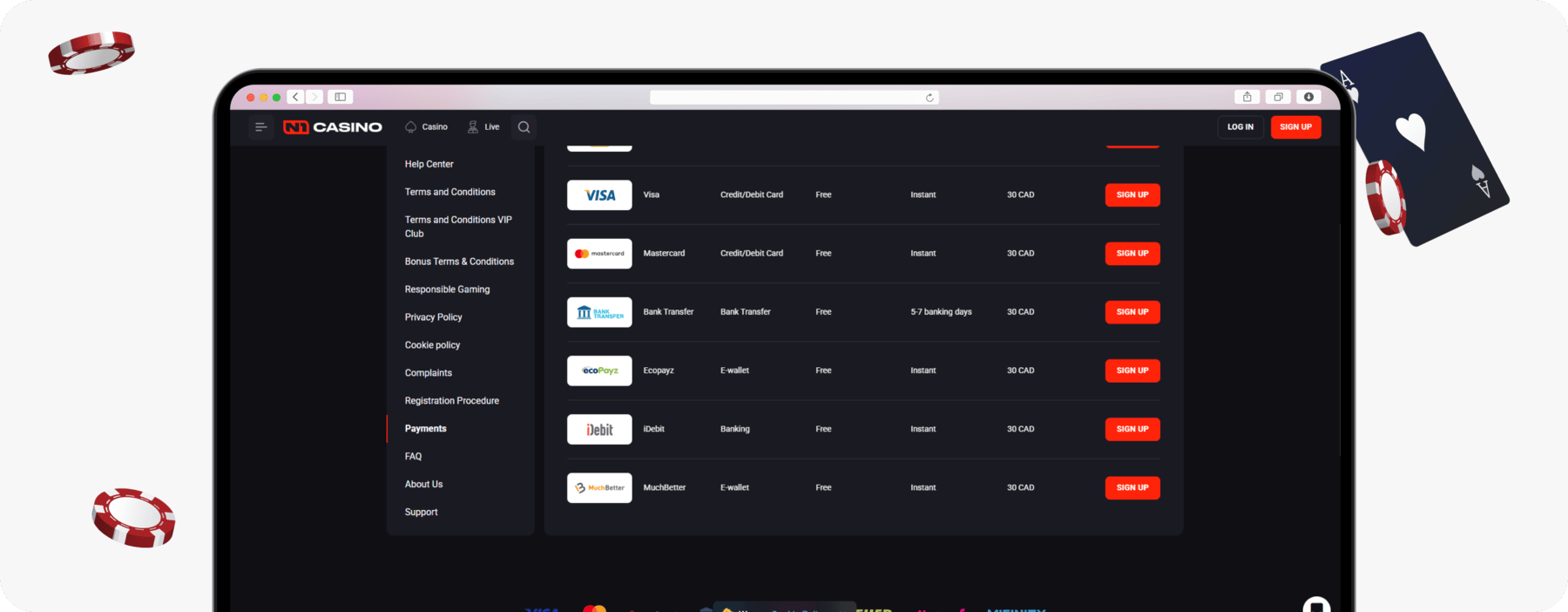 screenshot of n1 casino payment methods