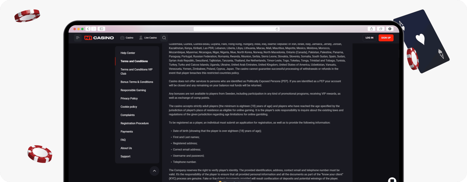 screenshot of n1 casino terms including their age restrictions