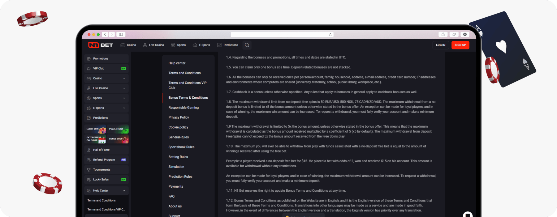 screenshot of n1bet bonus terms showing maximum withdrawal information