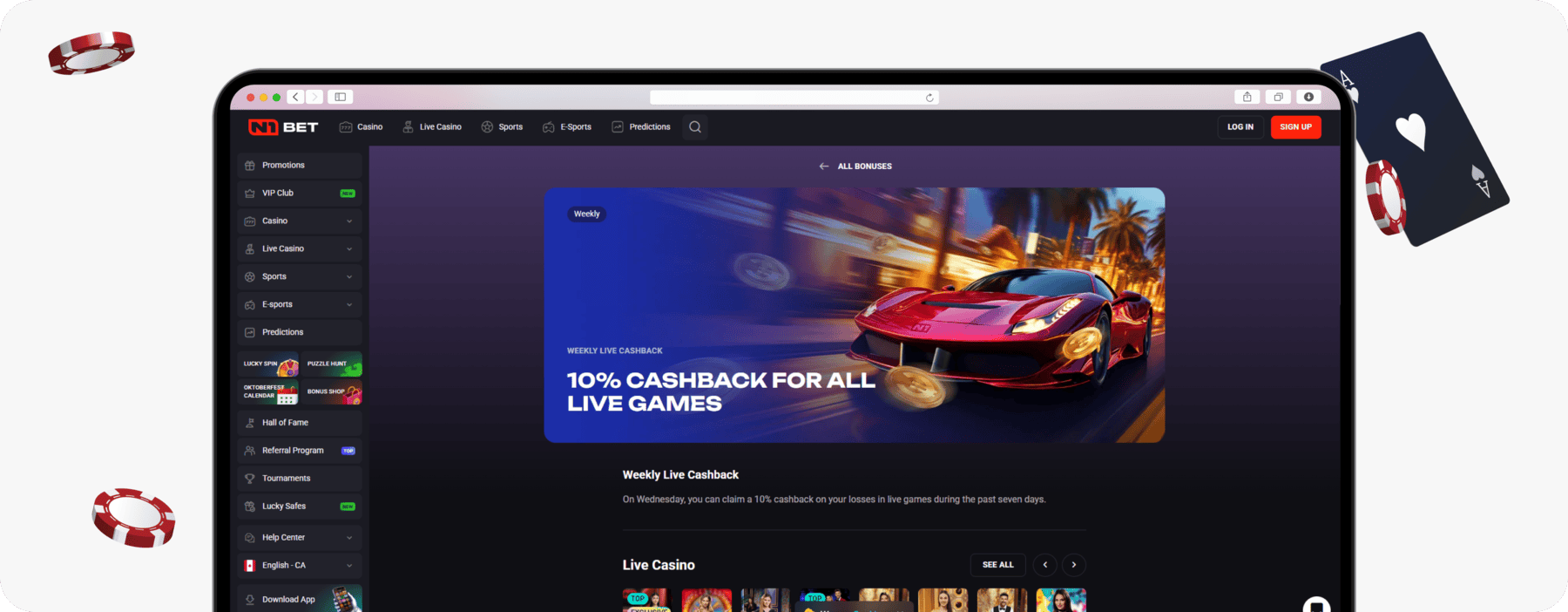 screenshot of n1bet canada cashback offer