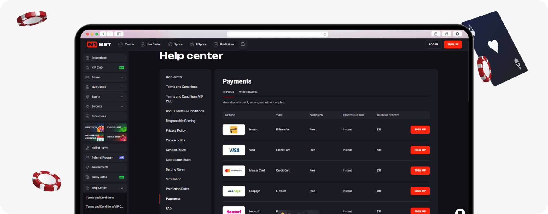 screenshot of n1bet canada deposit methods page