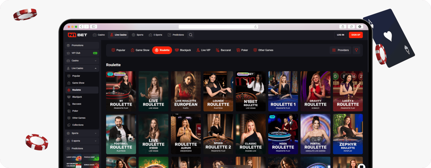 screenshot of n1bet canada live casino games