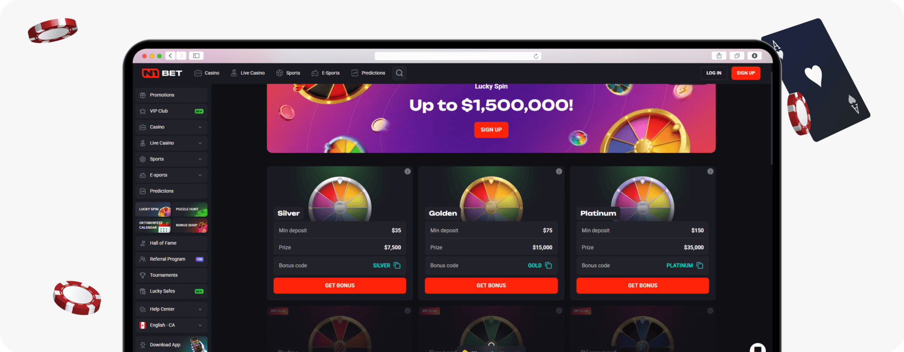 screenshot of n1bet canada lucky spin
