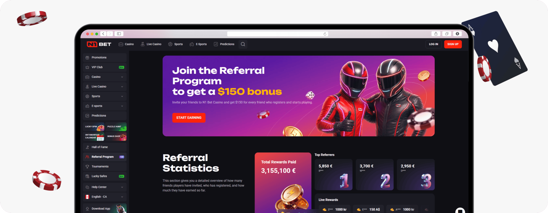 screenshot of n1bet canada referral program