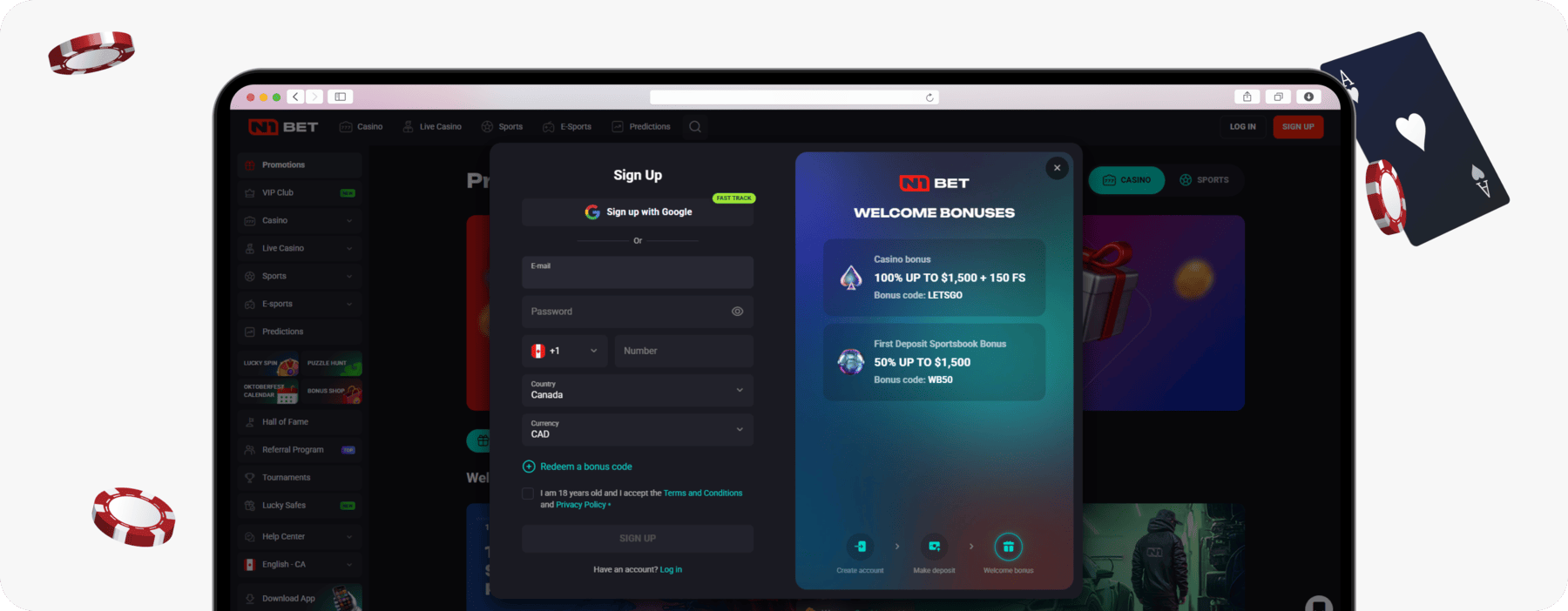 screenshot of n1bet canada registration form